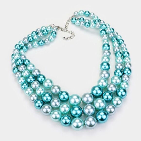 Blue Pearl (faux) Triple Strand Necklace & Earring Set by SP Sophia Collection - Picture 2 of 7